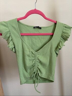 Zara Light Green Ruched V-Neck Crop Top
